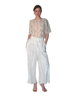 3D Faux Feather Sheer Tulle Top with Vintage Gold Embroidery