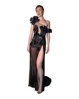 Valeria - Velvet Beaded Floral Appliqué Gown