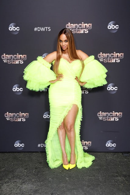 Custom Jeanne NARCES gown features on Tyra Banks.
