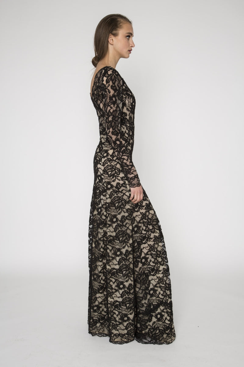 Black lace embellished long sleeve gown