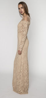 Embellished Champagne lace off shoulder gown