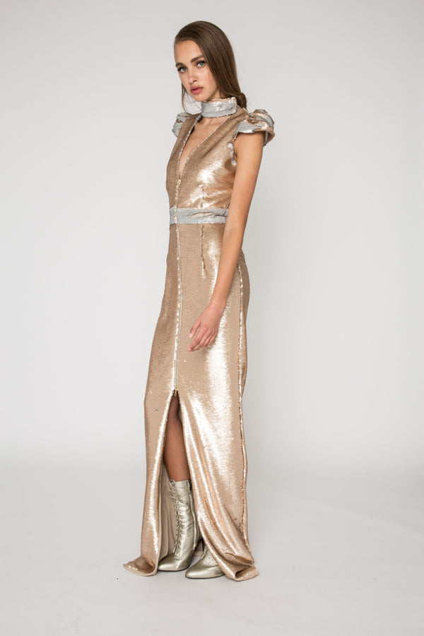 Champagne reversible sequin gown