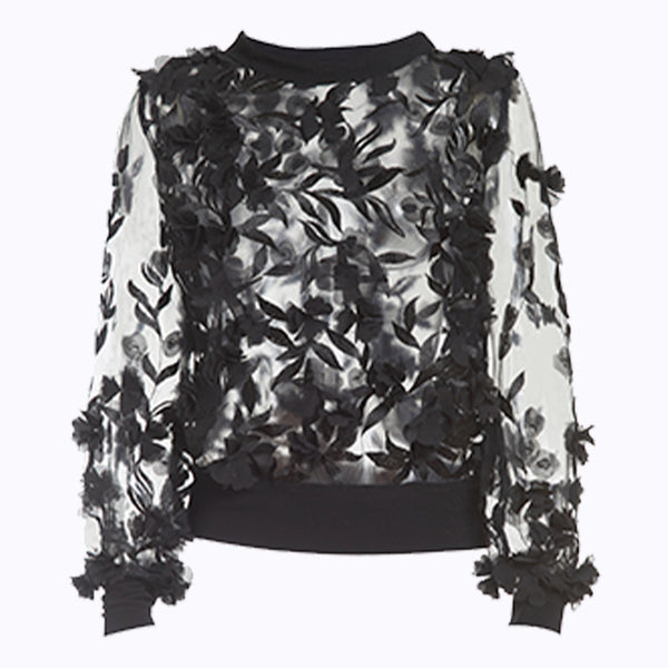 Black 3D Flower Sheer Top – NARCES
