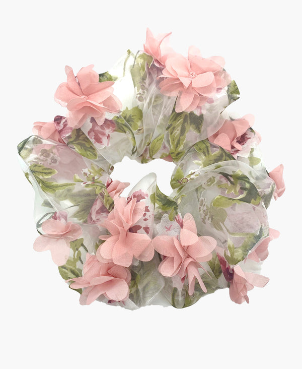 3D Pink Floral Organza Ultra Scrunchie