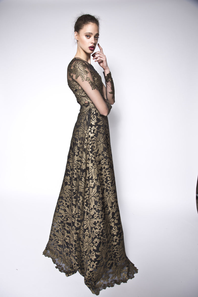 Gold lace embellished gown