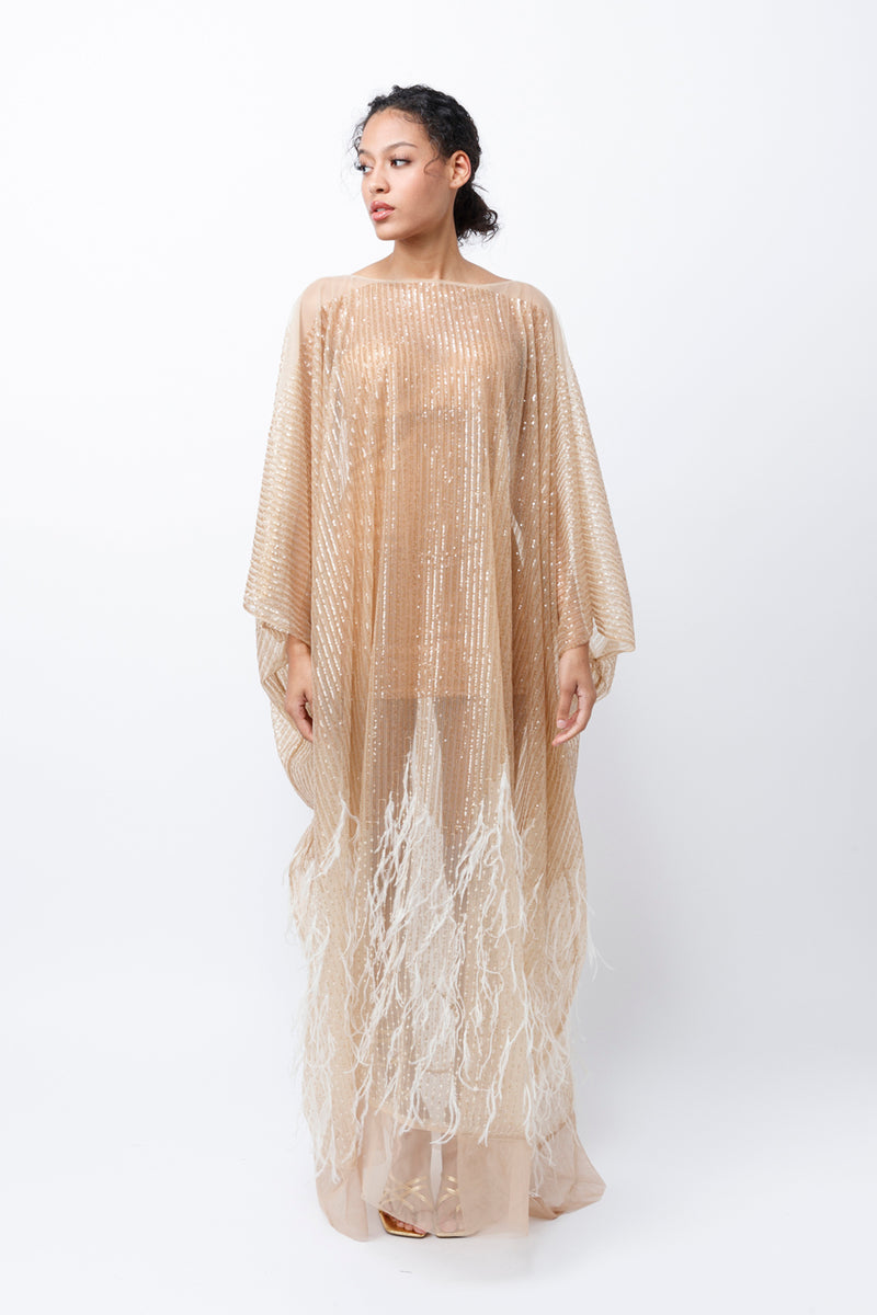 Sahara Mini Sequin Ostrich Feather Embellished Kaftan Dress NARCES Sahara Mini Sequin Ostrich Feather Embellished Kaftan Dress NARCES