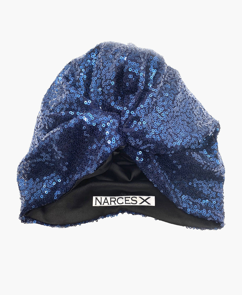 Midnight Blue Sequin Silk Knot Turban Hat - Main Image