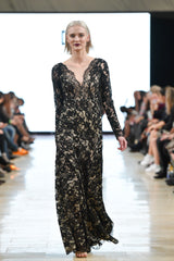 Black lace embellished long sleeve gown