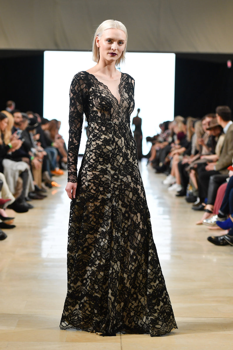 Black lace embellished long sleeve gown