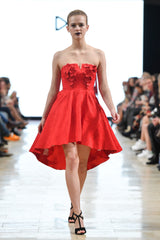 Red floral embellished strapless high low dress