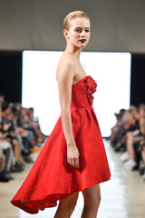 Red floral embellished strapless high low dress