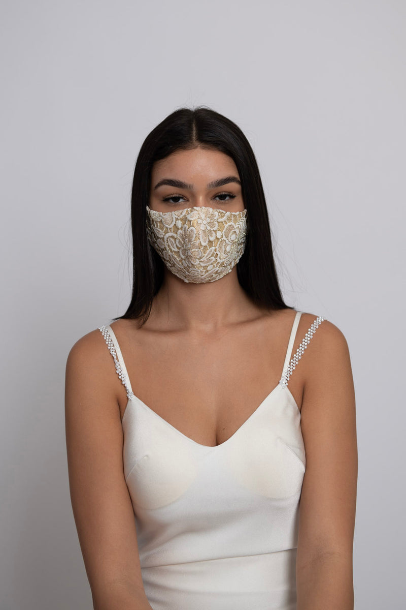 Adjustable Ivory Guipure Lace on Gold Lamé Mask