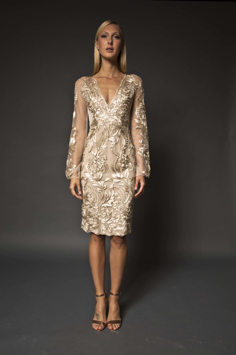 Gold lace embellished dress