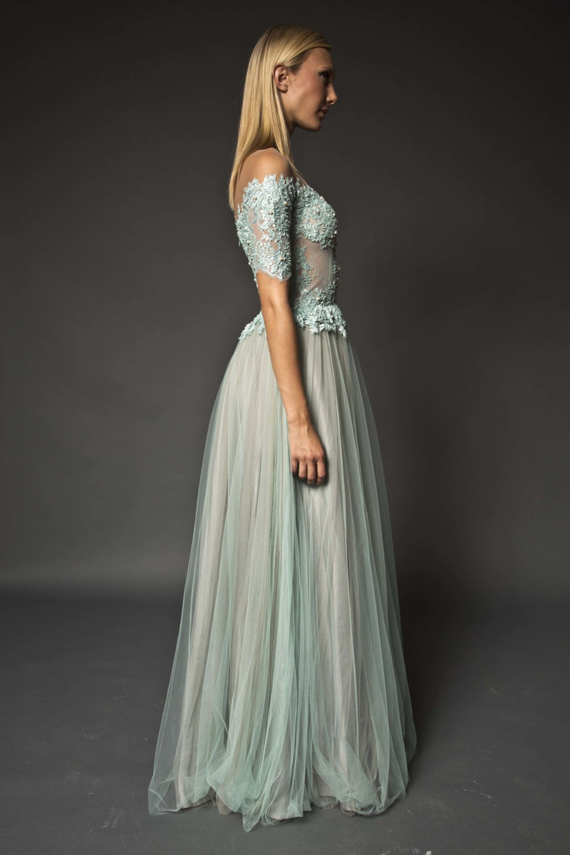 Off shoulder lace embellished gown