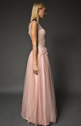 Embellished deep V lace bodice gown