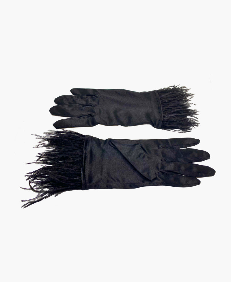 Ostrich Feather Black Satin Gloves