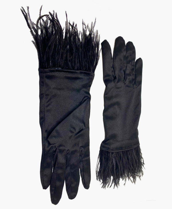 Ostrich Feather Black Satin Gloves