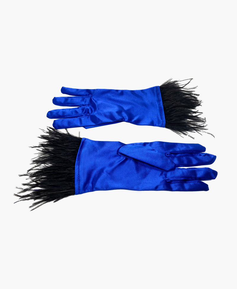 Ostrich Feather Cobalt Satin Gloves