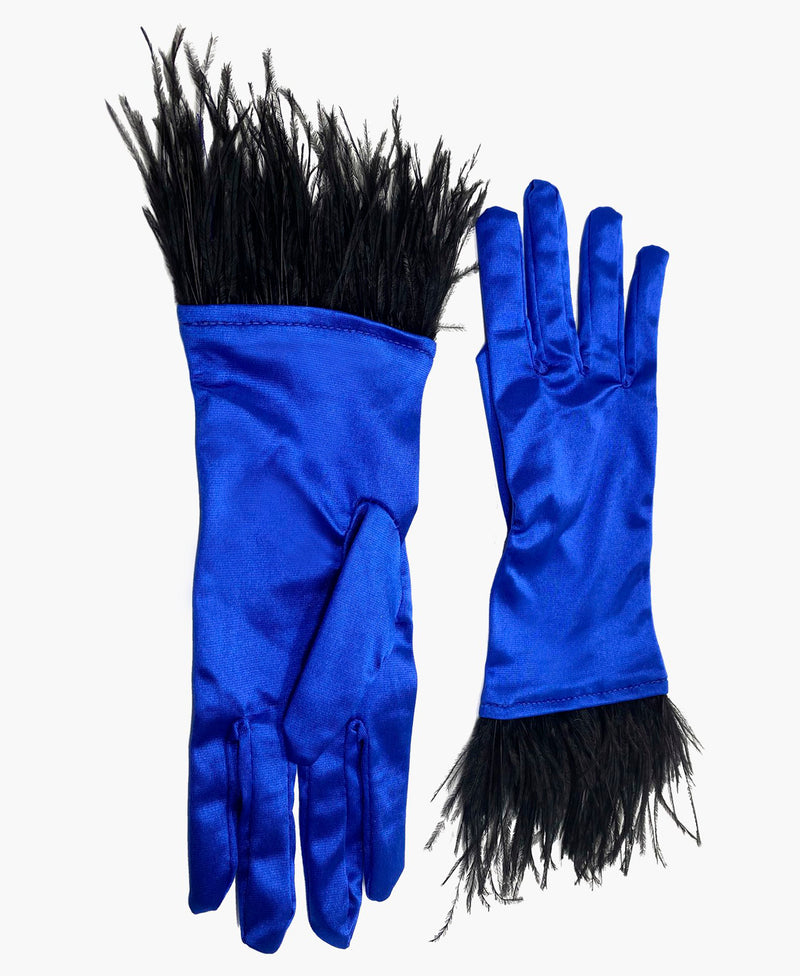 Ostrich Feather Cobalt Satin Gloves