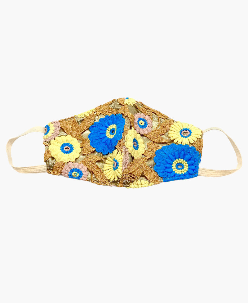Blue Lemon Crochet Lace on Gold Lamé Mask
