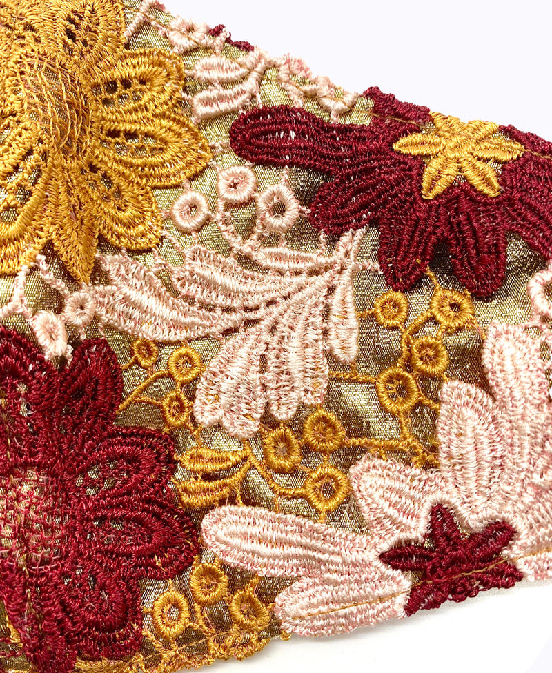Burgundy Blush Crochet Lace on Gold Lamé Mask