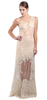 Gold lace sheer high low gown