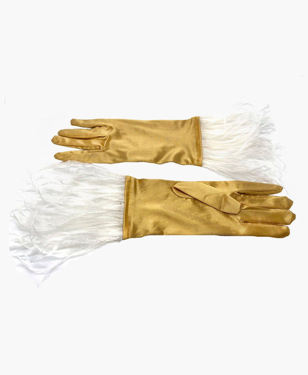 Ostrich Feather Gold Satin Gloves
