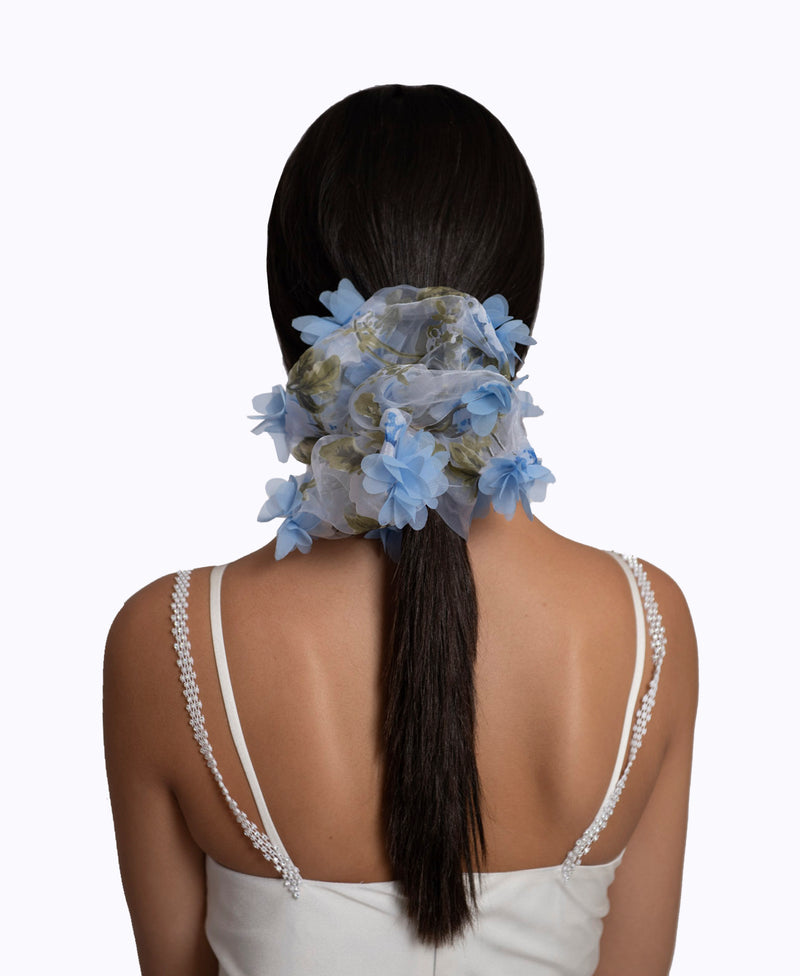 3D Blue Floral Organza Ultra Scrunchie