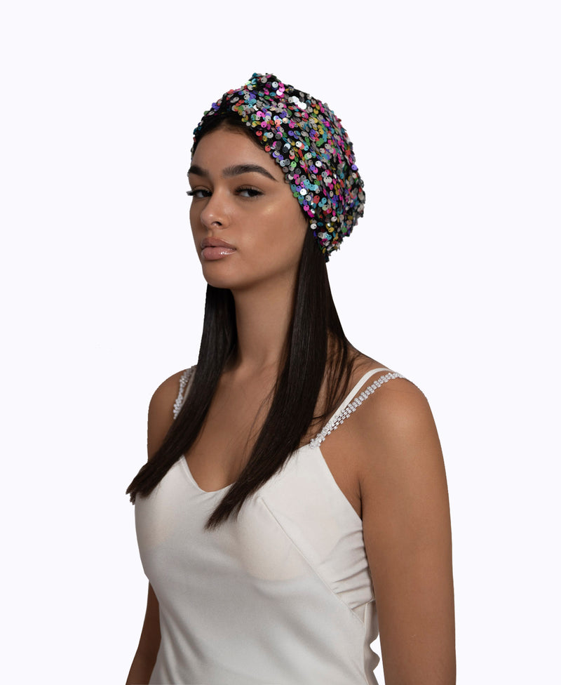Multicolour Sequin Silk Knot Turban Hat