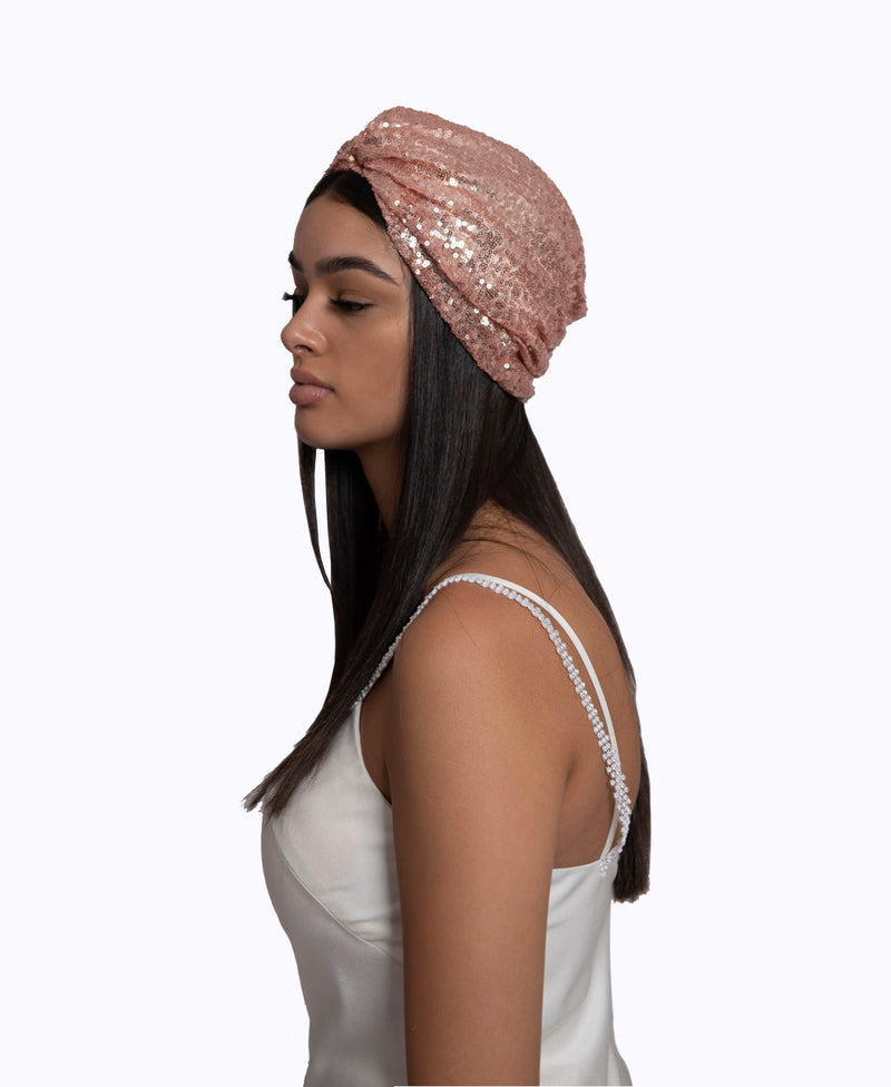 Rose Gold Sequin Silk Knot Turban Hat – NARCES - Main Image