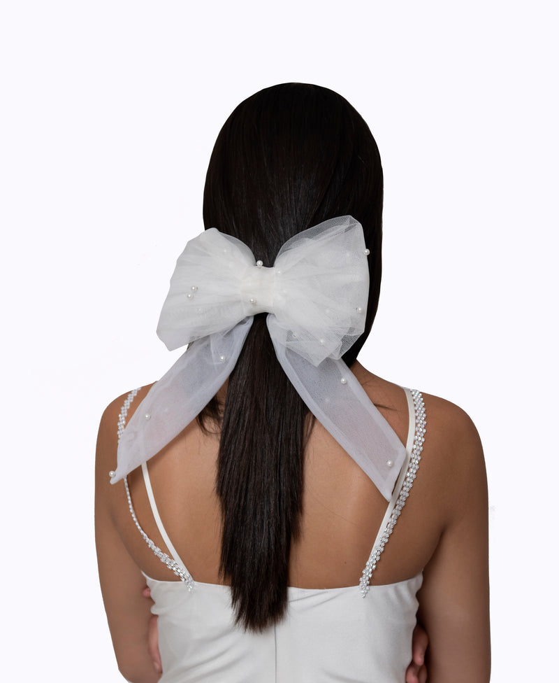 Pearl Embellished Mesh Bow Hair Clip