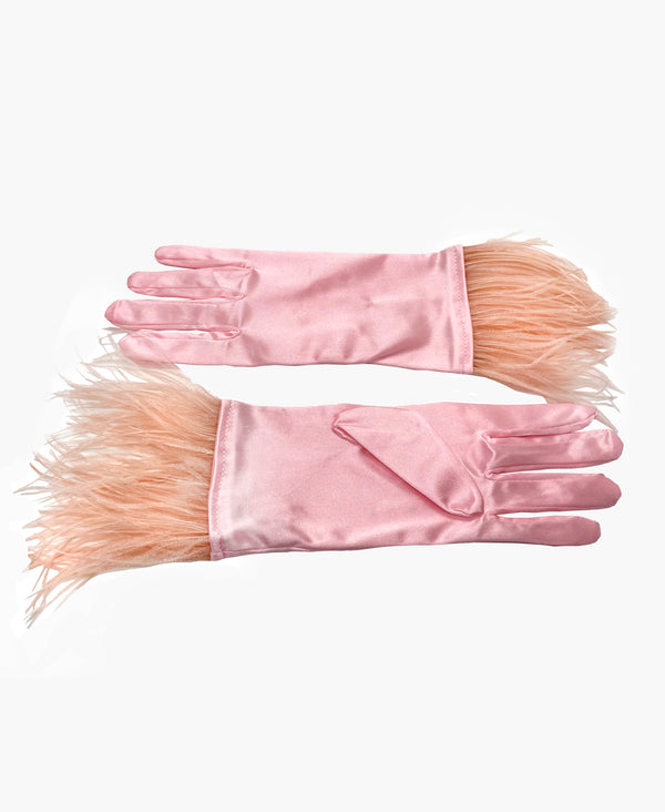 Ostrich Feather Rose Pink Satin Gloves