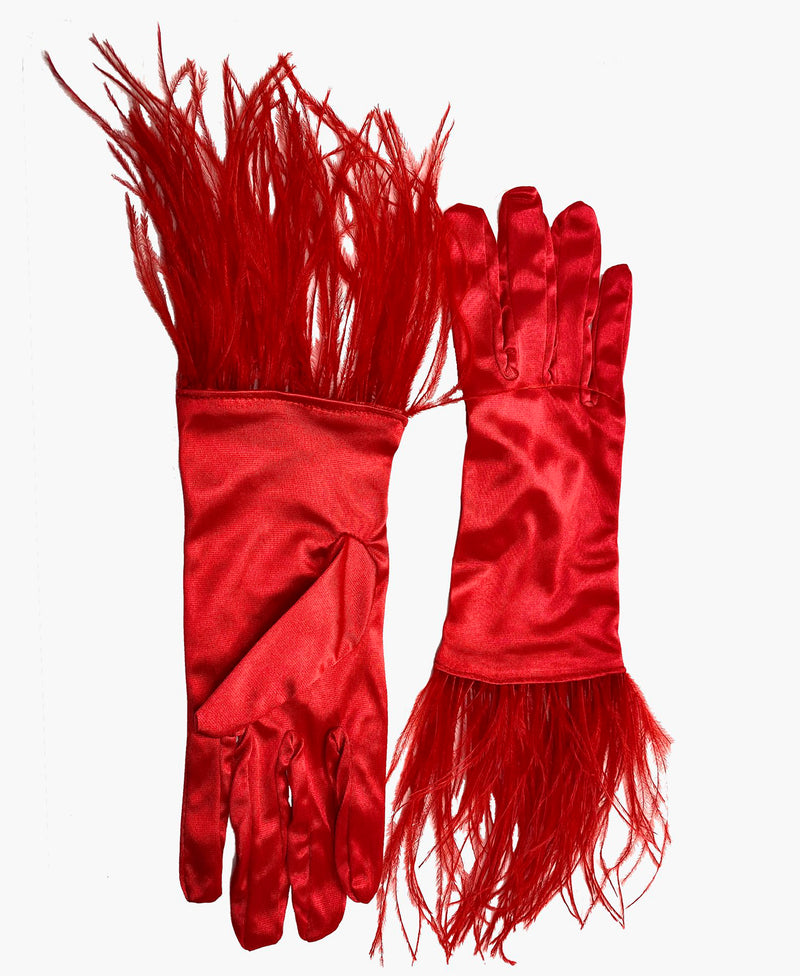 Ostrich Feather Red Satin Gloves