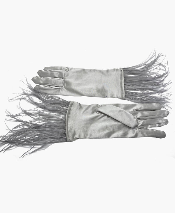 Ostrich Feather Silver Satin Gloves
